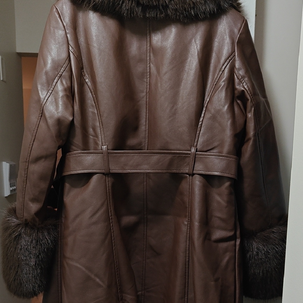 Akira Chocolate Brown Faux Leather Jacket with Faux Fur Trim - Picture 7 of 9